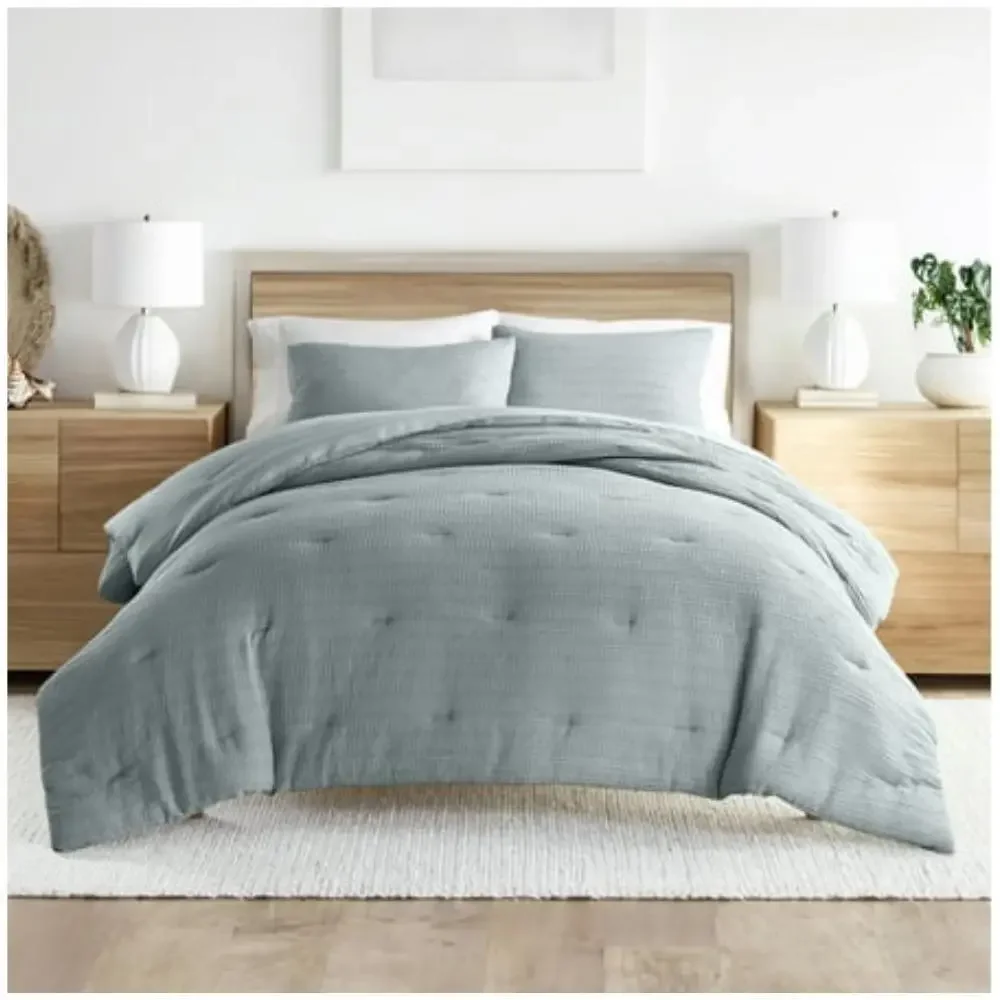 Ienjoy Home Comforter Set Full-Queen Light Blue Waffle Textured 3-Piece BED70